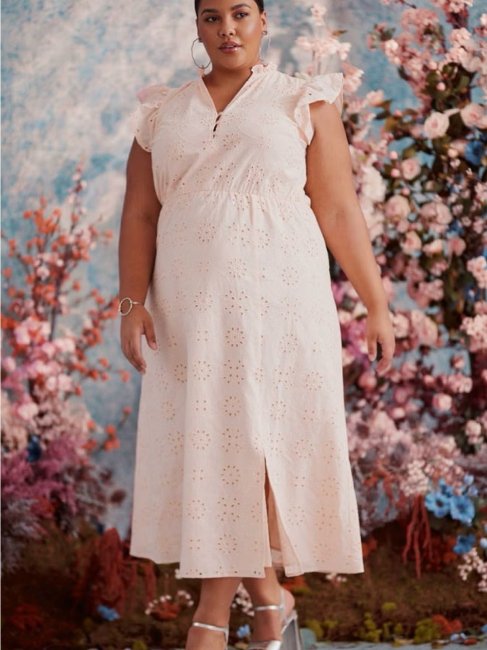 Eloquii Light Blush Eyelet Flutter-Sleeve Midi Dress ( dress is white )